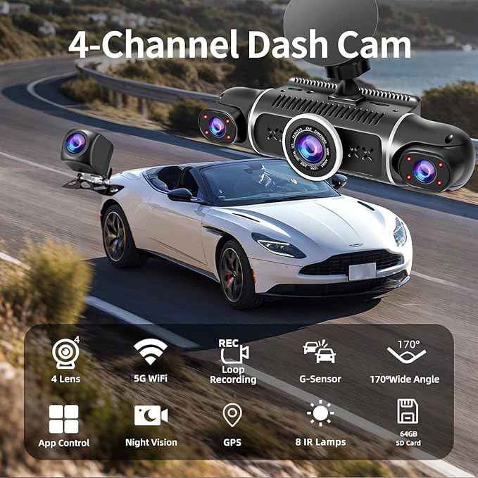 360° Dash Cam Front and Rear View 4 Channel Dash Camera FHD 2K+1080Px3 for Car, Inside/Back 170°+2x150°+170° Wide Angle, 8 IR Lamps Night Vision,WiFi,GPS, APP,G-Sensor with 64GB Card,24/7 Parking Mode