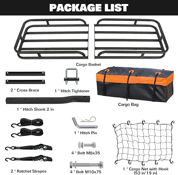 WEIZE Hitch Mount Cargo Carrier Basket 53" X 19" + Waterproof Cargo Bag, Hauling Weight Capacity of 500 Lbs fit on 2 Inch Receiver, with Hitch Stabilizer, Net and Straps