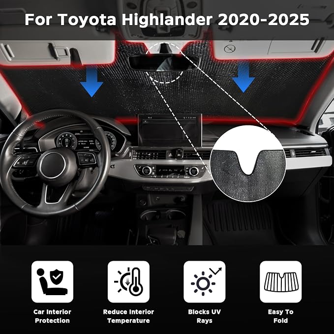 Car Windshield Sun Shade for Toyota Highlander 2020-2025 2026 L LE XLE Limited Platinum - 5-Layer Bubble Foldable Front Window Sunshade Sun Visor Accessories - Blocks Heat & UV Rays