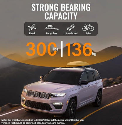 300lbs Roof Rack Cross Bars Compatible with 2021-2026 Jeep Grand Cherokee L 3-Row & 2022-2026 Grand Cherokee WL 2-Row, Aluminum Lockable Roof Rails Crossbar for Rooftop Cargo Kayak Snowboard