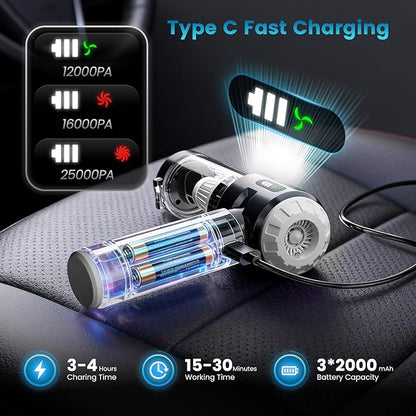 Wansimoo Handheld Car Vacuum Cleaner,25000PA Strong Cyclonic Suction Foldable Mini Vacuum Portable Cordless with Digital Display and One Touch Dust Removal for Car, Home, Office, Kitchen (Silver)