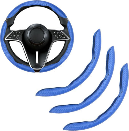 Carbon Fiber Steering Wheel Cover, 3-Piece Set Anti-Skid Comfortable Grip Segmented Butterfly Design, Easy Snap-On Installation Universal Fit 99% Cars, Blue