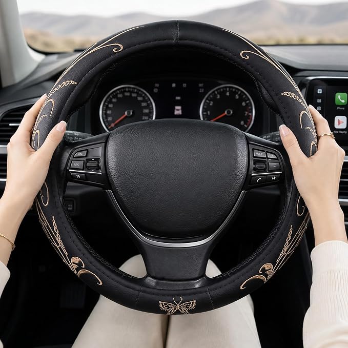 Beige Embroidery Butterfly Car Steering Wheel Cover,14.5-15 Inch Universal Leather Covers Breathable Anti-Slip Odorless Steering Wheels Accessories for Men Women