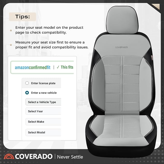 Coverado Front Seat Leather Covers, Full Leather Construction with Carbon Fibre Weave, Universal Fit for Most Cars SUV Trucks (Gray)