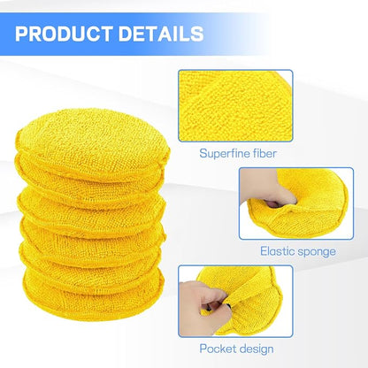 Hovom 6PCS Microfiber Wax Applicator, 5" Round Applicator Pads, Soft Automotive Waxing Foam Pads, Buffing Pads for Car Cleaning, Polishing and Detailing, Reusable Car Wash Sponge (Yellow)