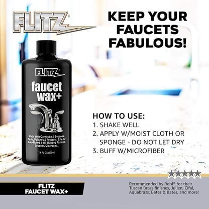 Flitz Faucet Wax Plus - 7.6oz Bottle of USA-Made, Water-Based Faucet Cleaner & Polisher for Water Stains, Fingerprints, & More - Metal Wax for Bronze, Nickel, Chrome, Brass - Granite Polish (6 Pack)