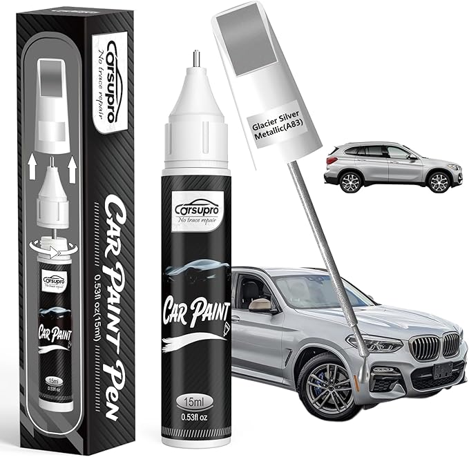 Glacier Silver Metallic(A83) for BMW Touch Up Paint Pen, 2 in 1 Car Scratch Remover with Pen Tip and Brush, Precise Color Match for Car Paint Scratch Repair, Quickly and Easily Fix Chips and Nicks