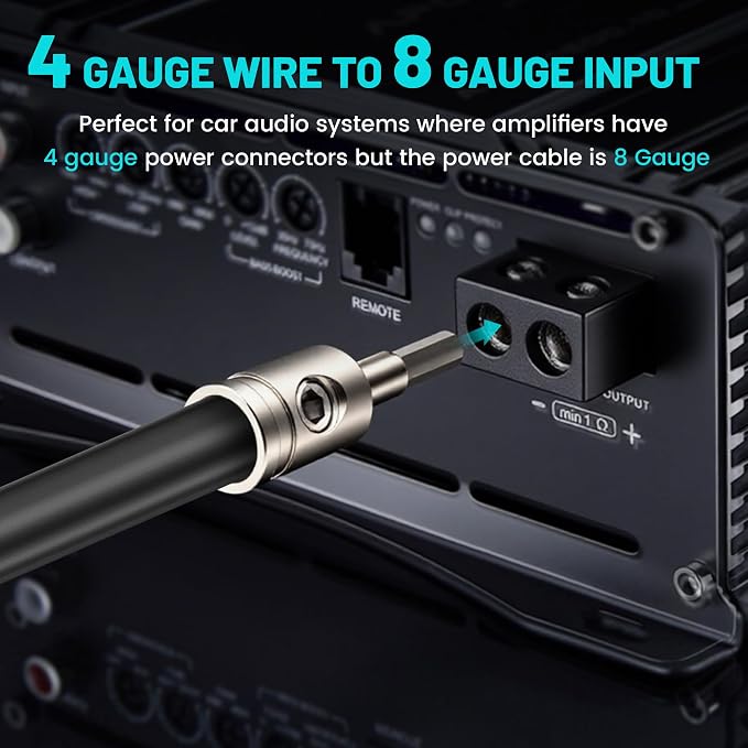 NuIth Amp Input Reducer 4 Gauge to 8 Gauge, 4PCS Car Audio Amplifier Wire Terminal Connectors Brass with Heat Shrink Tubing Allen Key for Amp Input, AWG Pin Power & Ground Connection