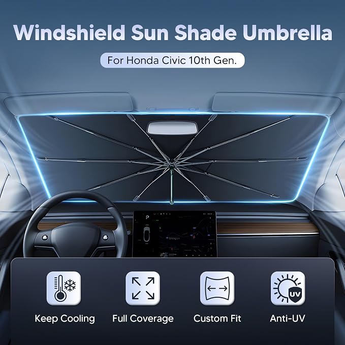 Autorder Windshield Sun Shade Umbrella for 2016-2021 Honda Civic Accessories,Upgraded Ice Crystal Material,Easy Setup Umbrella Sunshade for Car Windshield,100% Sun Blocking