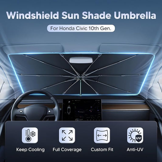 Autorder Windshield Sun Shade Umbrella for 2016-2021 Honda Civic Accessories,Upgraded Ice Crystal Material,Easy Setup Umbrella Sunshade for Car Windshield,100% Sun Blocking