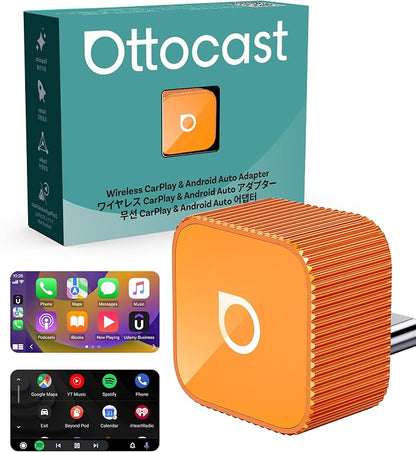 OTTOCAST Mini Cube 3.0 Wireless Carplay Adapter for Apple iPhone, 2-in-1 Car Play Android Auto Adapter, Convert Wired CarPlay to Wireless, Low Latency (Orange, USB C)
