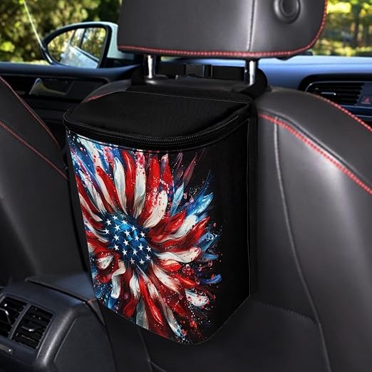 BIGCARJOB American Sunflower Car Trash Can for Back Seat, Large Interior Accessories Garbage Bin, Women Vehicle Trash Container, Reusable Garage Bag