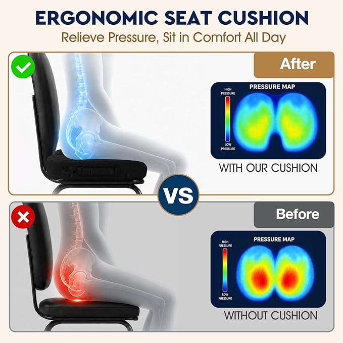 TushGuard Seat Cushion - for Office Chair, Car Seat, Airplane, Bleacher - Sciatica & Coccyx Pain Relief Desk Chair Cushion for Long Sitting Office Workers, Car Drivers(Black, XXX-Large)