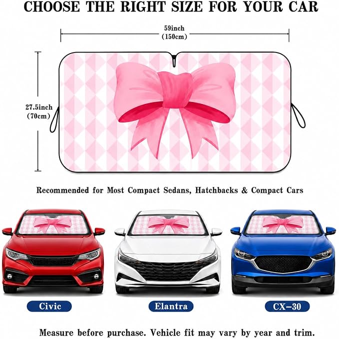 Pink Bow Car Windshield Sun Shade for Women, Cute Front Window Sunshade for Small Cars, Girly Pink Plaid Car Accessories for Sedan Compact Car - 59 x 27.5