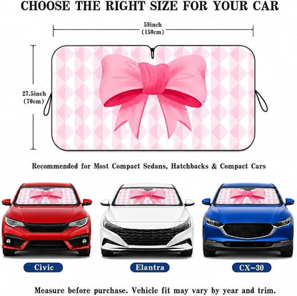 Pink Bow Car Windshield Sun Shade for Women, Cute Front Window Sunshade for Small Cars, Girly Pink Plaid Car Accessories for Sedan Compact Car - 59 x 27.5