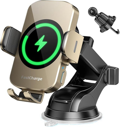 3-in-1 Wireless Car Charger Mount, 15W Fast Charging Auto-Clamping Phone Holder for iPhone 17 16 15 14, Samsung Galaxy S24 S23, Dashboard, Vent & Windshield Car Mount(Amber Yellow)