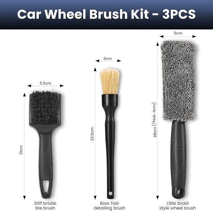 3Pcs Wheel Brush, Tire Brush with Little Braid Bristles Design, Durable Rim Brush & Car Wheel Brushes, Car Detailing Brush for Cars, Trucks, RVs, Motorcycles, Room, Corner
