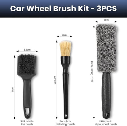 3Pcs Wheel Brush, Tire Brush with Little Braid Bristles Design, Durable Rim Brush & Car Wheel Brushes, Car Detailing Brush for Cars, Trucks, RVs, Motorcycles, Room, Corner