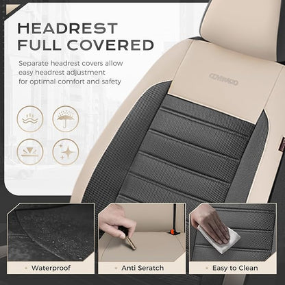 Coverado Car Seat Covers Front Seats, Luxury Leather Car Seat Covers, Automotive Mesh Seat Covers 2 Pack, Airbag-Compatible, Black Beige Seat Covers for SUV Sedan Truck