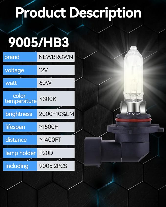 NEWBROWN 9005 HB3 Headlight Bulbs 200% brightness 4300K White 12V/60W HB3 9005 Bulb Halogen Long Life Replacement P20D (9005/HB3, 2 Pack)