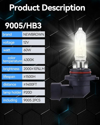 NEWBROWN 9005 HB3 Headlight Bulbs 200% brightness 4300K White 12V/60W HB3 9005 Bulb Halogen Long Life Replacement P20D (9005/HB3, 2 Pack)