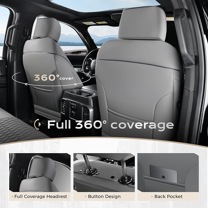 Coverado Gray Ford F150 Seat Covers Full Set, Car Seat Covers Waterproof Faux Leather Full Coverage Protector Pickup Truck Car Seat Cushion Cover Fit for 2015-2026 Ford F150, 2017-2026 F250 F350 F450