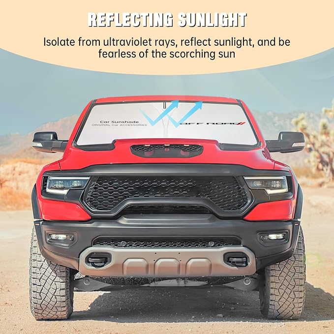 Front Windshield Sun Shade Compatible with Dodge RAM 1500 2010-2023 2024 2025 2026, Sun Visor Protector Blocks UV Rays Sunshade for RAM 2500 3500 Foldable Interior Accessories