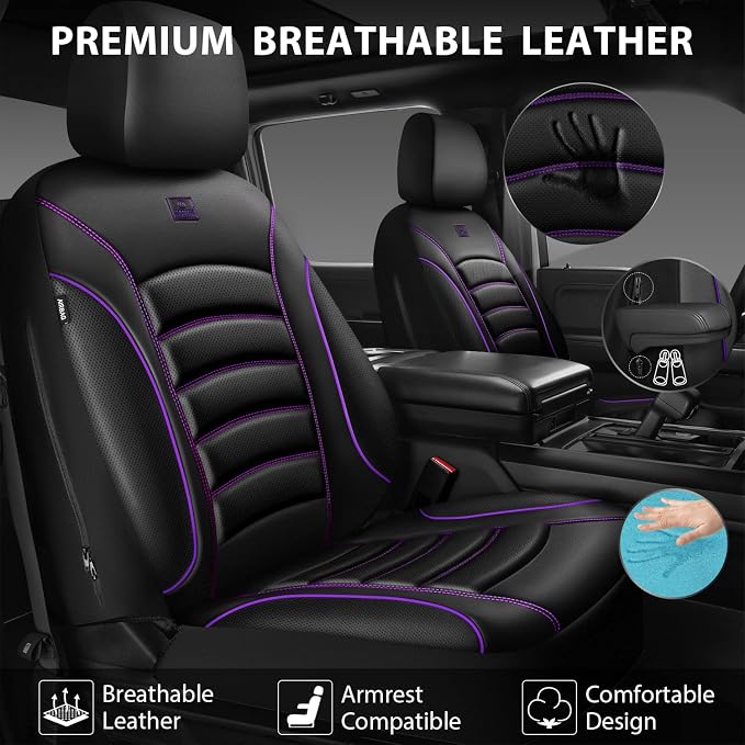 CAR PASS 3D Foam PU Leather Car Seat Covers, Universal Seat Covers Front 2 for Trucks SUV Sedan Automotive Seat Covers Armrest Airbag Compatible Waterproof Comfortable Faux Nappa Leather Black Purple