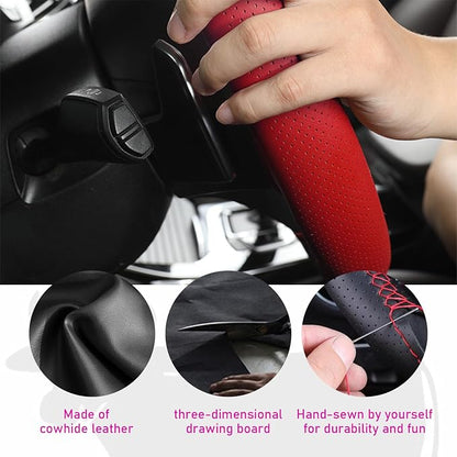 Ziciner Genuine Leather Steering Wheel Cover, Stitch on Wrap, Breathable Anti-Slip Car Steering Wheel Protector for Max Diameter 15 Inch, DIY Sewing with Needles Thread (Red, Hole)
