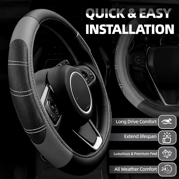 NBTEPEM 6 Pcs Grey Car Accessories Set, Sport Leather Steering Wheel Cover 14.5-15inch Universal, Microfiber Leather Car Center Console Cover, Seat Belt Cushion, Cup Holder Coaster (Black-Grey)