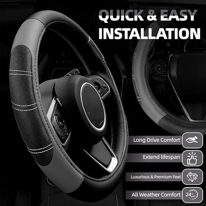 NBTEPEM 6 Pcs Grey Car Accessories Set, Sport Leather Steering Wheel Cover 14.5-15inch Universal, Microfiber Leather Car Center Console Cover, Seat Belt Cushion, Cup Holder Coaster (Black-Grey)