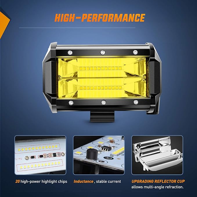 Nilight 18030C-A Amber 2PCS 5Inch 72W Double Row Flood Bar 10800Lumens Driving Fog Led Off Road Lights for Trucks Jeep ATV UTV SUV Boat Marine,2 Years Warranty, Yellow,White