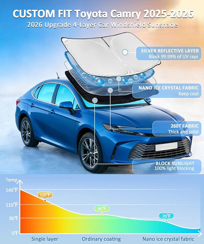 Windshield Sun Shade for Toyota Camry 2025 2026 LE XLE Hybrid SE XSE - 4 Layers Car Sunshades for Front Windows Shade Cover Custom Fit Camry Sun Visor 250T Retractable Blocks Shade UV Rays Accessories