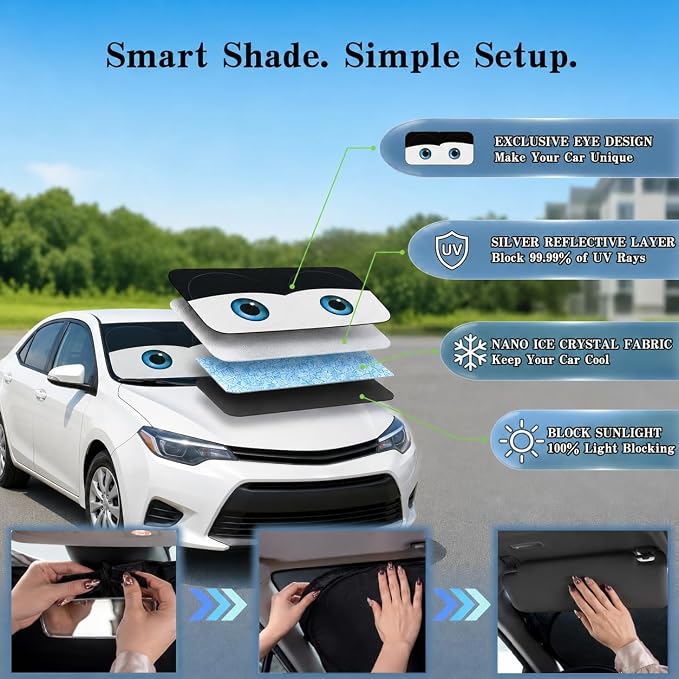 Car Windshield Sun Shade, Funny Cartoon Eyes Sun Visor for Car Windshield Universal Fits Sedan Compact Car Hatchback SUV, UV Heat Protection - 59 x 27.5