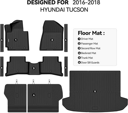 Floor Mats for 2016-2018 Hyundai Tucson, Trunk Mat and Backrest Mat & Door Sill Guard All Weather TPE Protector for Hyundai Tucson Accessories