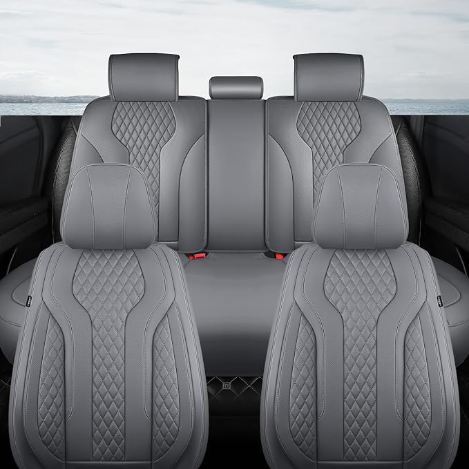 Leather Car Seat Covers Full Set, Breathable Faux Leather Seat Covers for Cars SUV Sedan Waterproof Grey