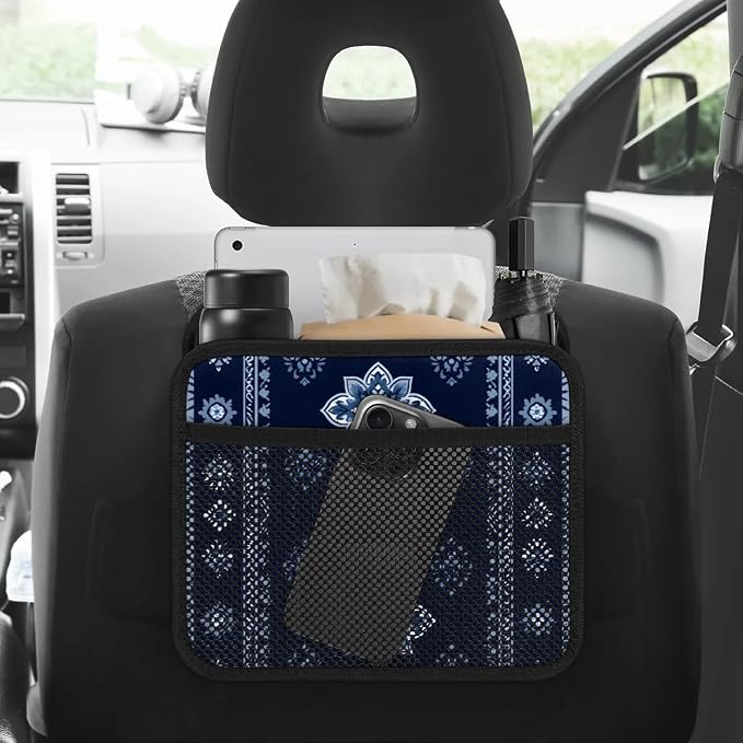 Car Backseat Organizer, PU Leather Back of Seat Cars Hanging Organizer with Pockets Leakproof Car Garbage Bags Hanging Car Seat Storage Box Travel Accessories Foldable (Tribal-floral Vintage Blue)