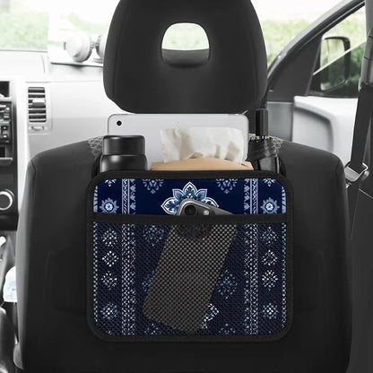 Car Backseat Organizer, PU Leather Back of Seat Cars Hanging Organizer with Pockets Leakproof Car Garbage Bags Hanging Car Seat Storage Box Travel Accessories Foldable (Tribal-floral Vintage Blue)