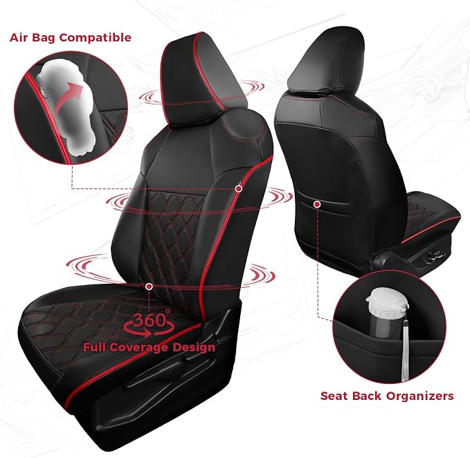 FREESOO for Toyota Corolla Seat Covers LE 2023 2024 2025 2026, Custom Fit Car Seat Covers Full Set, Waterproof Car Seat Cover Protector, Luxury Leather Seat Covers for Cars, Black Red Full Set