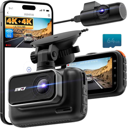 IIWEY 4K+4K Dash Cam Front and Rear, 5G Wi-Fi 64GB SD Card Included, STARVIS Dash Camera for Cars, 3 Inch IPS Screen, Dual Channel HDR Night Vision, 24H Parking Mode, 170° Widude Angle, G-Sensor