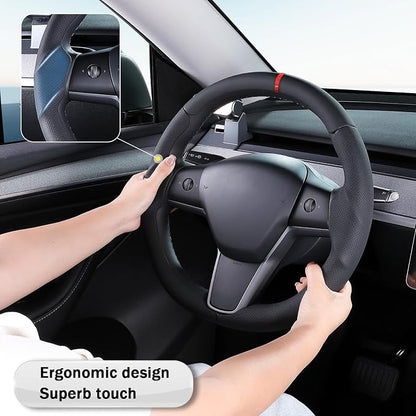 Steering Wheel Cover for 2017-2023 Tesla Model 3 2020-2024 Tesla Model Y, Leather Steering Wheel Cover for Tesla Model 3/Y Accessories, Black