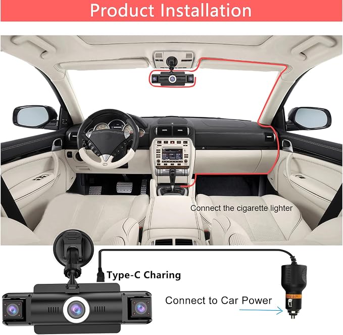 4 Channel 4K Dash Cam Front and Rear Inside, 360° View 1080P Dash Camera for Cars, Super Night Vision, Gravity Sensor, Loop Recording, WDR, 24H Parking Mode, WiFi & APP Control, with 64GB Card