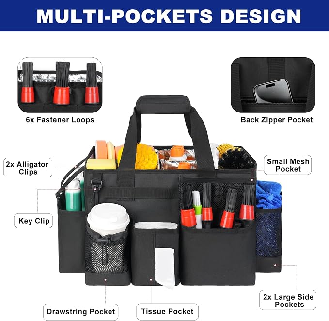 Wearable Detailing Caddy, Car Care Carrying Bag with Handle and Detachable Padded Cushion for Auto Cleaning Supplies & Vehicle Wash Tools, Black