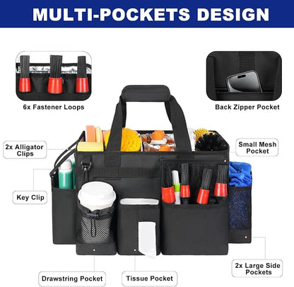 Wearable Detailing Caddy, Car Care Carrying Bag with Handle and Detachable Padded Cushion for Auto Cleaning Supplies & Vehicle Wash Tools, Black