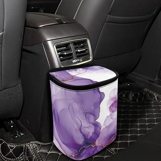 Talayituse Purple Marble Butterfly Print Car Trash Can with Lid, Leak Proof Auto Trash Bag Hanging Vehicle Garbage Can Multipurpose Storage Container for Back Seat Road Trip
