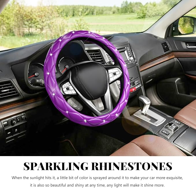 Bling Car Steering Wheel Cover, 15 Inch Diamond Leather Anti-Slip Auto Steering Wheel Protector, Cute Sparkly Rhinestones Wheels Cover Automotive Decoration for Women Girl (Purple)