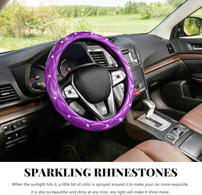Bling Car Steering Wheel Cover, 15 Inch Diamond Leather Anti-Slip Auto Steering Wheel Protector, Cute Sparkly Rhinestones Wheels Cover Automotive Decoration for Women Girl (Purple)