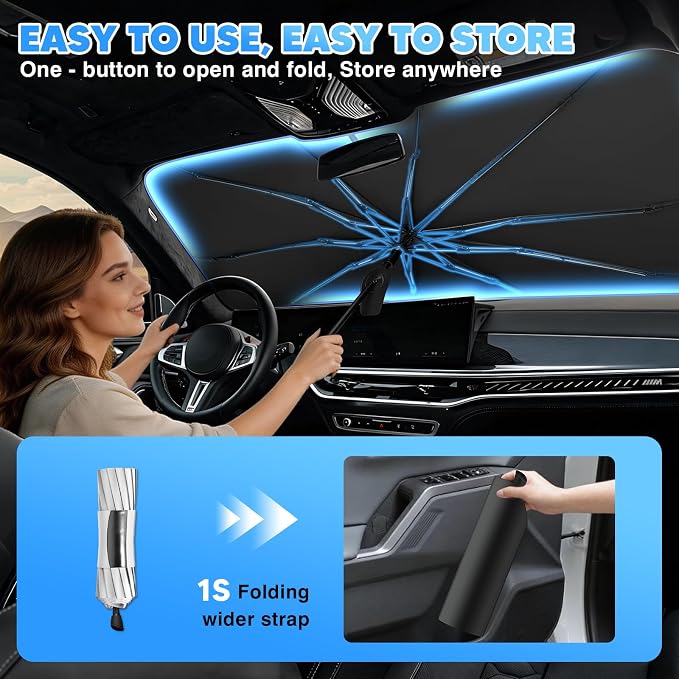 KUST 56" * 31" Upgraded Medium Size Windshield Sun Shade Umbrella - 【Fit for Sedan】 - Foldable Ice-Crystal Shade Umbrella with Bendable Handle - Blocks UV Rays Keep Car Cool - Easy to Install and Use