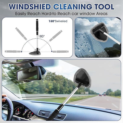Gray Windshield Cleaner Tool, Car Interior Cleaning Kit with Extendable Handle and 3 Reusable Microfiber Pads, Auto Glass Wiper and Detailing Brush Kit for Car & Home Window