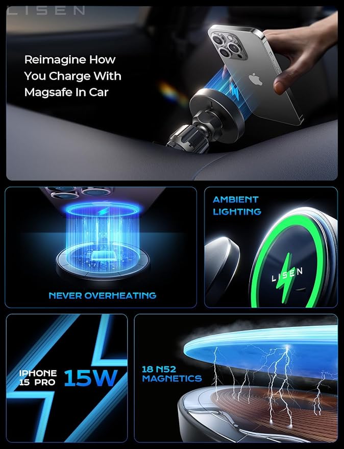 LISEN for 15W MagSafe Car Mount Charger, Magnetic Wireless Car Charger, Dashboard & Air Vent Magnetic Phone Holder for Your Car Phone Holder, Jeep Ford F150 Accessories for iPhone 17-12,Samsung, Pixel
